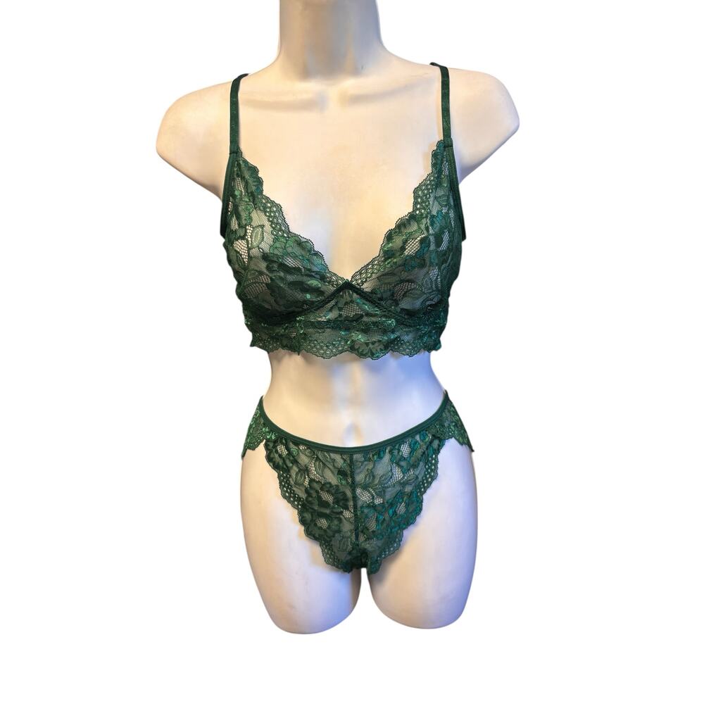 Adome NWOT Women's Lace Lingerie Bra and Panty Set Strappy Babydoll Size L Green